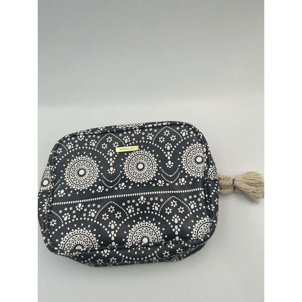 Sophia Joy Black White Mandala Double Zip Cosmetic Bag Teal Interior Tassel